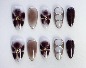 Fall Amber Press on nails short nails/Fall nails/3D Chrome nails/Birthday Nails/Brown nails/Flower Nails/Metallic Gold nail/Floral Nails
