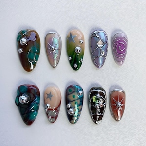 Dreamy Green Fall Press On Nails long almond nails/gothic nails/3D Chrome nails/Metallic silver nail/ Sun Star Nails/Y2k nails/Gyaru nails