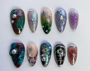Dreamy Green Fall Press On Nails long almond nails/gothic nails/3D Chrome nails/Metallic silver nail/ Sun Star Nails/Y2k nails/Gyaru nails