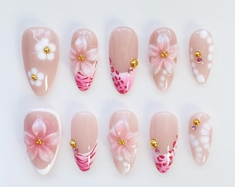Pink Press On Nails Short Almond Nails/Flower Nails/Pink Nails/French Nails/Elegant Nails/Bloom Floral nails/Holiday Nails/Leopard nails