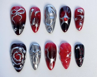 Black and Red Gothic Press On Nails Short Almond Nails/Gyaru nails/Y2K Nails/Red Nails/3D Chrome Nails/ Gothic Nails/Metallic silver nail