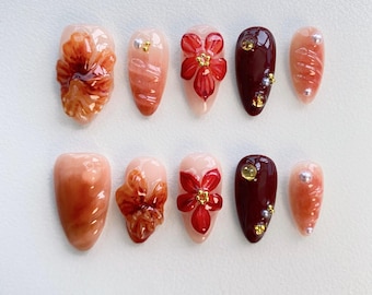 Fall Amber Press On Nails Short Almond Nails/Maple Leaf Nails/Flower Nails/Brown Nail/Birthday Nails/amber nails/fall nails/coffee nails