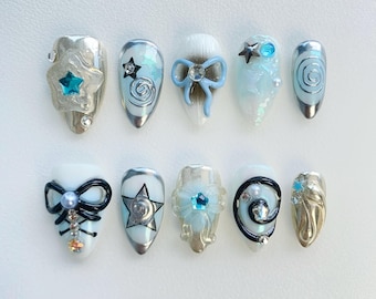 Cute Blue Y2k Press On Nails Short Almond Nails/kawaii Nails/Cute Nails/Princess Nails/Birthday Nails/3D Chrome Nails/Star nails/Bow Nails