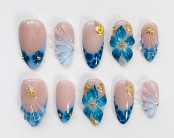 Holiday Blue Blooming Flower Nails/Blue Flower Press on nails long almond nails/Blue French Nails/Holiday Nails/Starfish Nails/Shell Nails