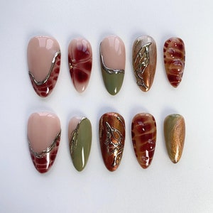 Amber Fall Press on nails short nails/Fall nails/Butterfly nails/3D Chrome nails/Birthday Nails/Brown nails/Amber nails/Metallic Gold nail