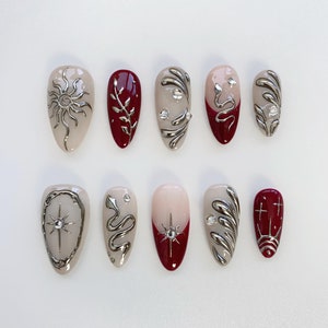 Ancora French red nails/Sun Star Press on nails short almond nails/silver 3d chrome nails/sun star nails/Burgundy snake nails/birthday nails