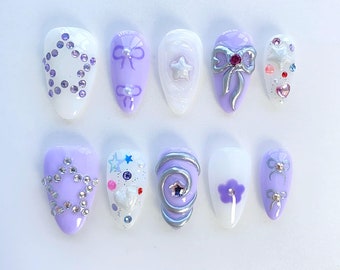 Unhas curtas de pressão roxas Taro Y2K, unhas amêndoas/unhas Y2K/unhas roxas/unhas estrela/unhas fofas kawaii/unhas de aniversário/unhas cromadas 3D