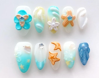 Baby blue 3D Flower Press on nails short almond nails/3D Floral nails/Dreamy nails/Maple Leaf nails/shell nails/Bithday nails/Holiday nails