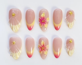 Fall nails/Blooming Yellow Flower Press on nails long almond nails/Orange Nails/Floral Nails/Yellow Nails/Summer Nails/3D Gel Nails