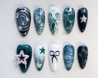 Blue Gothic Press on Nails short almond Nails/3D Chrome nails/Star Blue Nails/Angel Nails/Gothic nails/Gyaru nails/y2K nails/kawaii nails