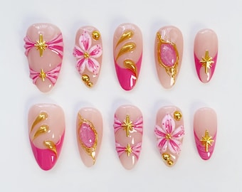 Fall Floral Bloom Pink Press On Nails Short Almond Nails/Pink Nails/Gold Chrome Nails/Floral Nails/Flower Nails/Holiday Nails/Birthday Nails