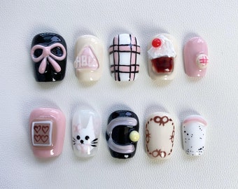 Kawaii Rosa Press On Naglar Korta naglar/söta naglar/kawaii naglar/Rosettnaglar/Kattnaglar/födelsedagsnaglar/barnnaglar/y2k naglar/present till dotter