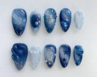 Blooming Blue Press On Nails short Almond Nails/Shell Nails/Dreamy Blue Nails/Birthday Nails/Ocean nails/Holiday Vacation Nails/Star nails
