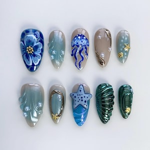 Cute 3D starfish Blue Press on nails short almond nails/Blue Ocean nails/Jellyfish nails/Shell nails/Vacation Holiday nails/Dark Green nails