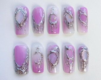 Unhas postiças góticas roxas, longas, em formato de caixão/Unhas roxas/Unhas cromadas 3D/Unhas de aniversário/Unhas com sol, estrela e lua/Unhas gyaru/Unhas góticas