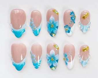 Blue Blooming Flower Nails/Blue Flower Press on nails long almond nails/Blue French Nails/Holiday Nails/Starfish Nails/Shell Nails Floral