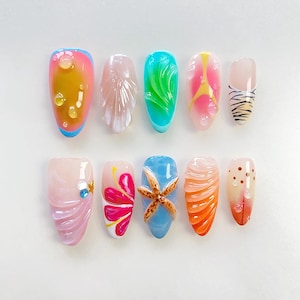 Summer starfish press on nails short almond nails/starfish nails/French nails/holiday vacation nails/beach nails/birthday nails/Spray nails