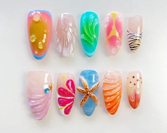 Summer starfish press on nails short almond nails/starfish nails/French nails/holiday vacation nails/beach nails/birthday nails/Spray nails