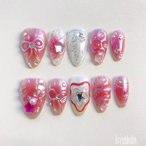 Y2K Pink Press on nails long almond nails/Bow nails/Pink nails/Star nails/Y2K   Nails/Birthday nails/Cute nails/kawaii nails/Dreamy nails