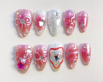 Y2K Pink Press on nails long almond nails/Bow nails/Pink nails/Star nails/Y2K   Nails/Birthday nails/Cute nails/kawaii nails/Dreamy nails