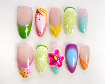 Lemon 3D Flowers Press on nails short almond nails/lemon nails/Floral nails/Summer nails/Holiday Vacation Nails/French Nails/Beach Nails