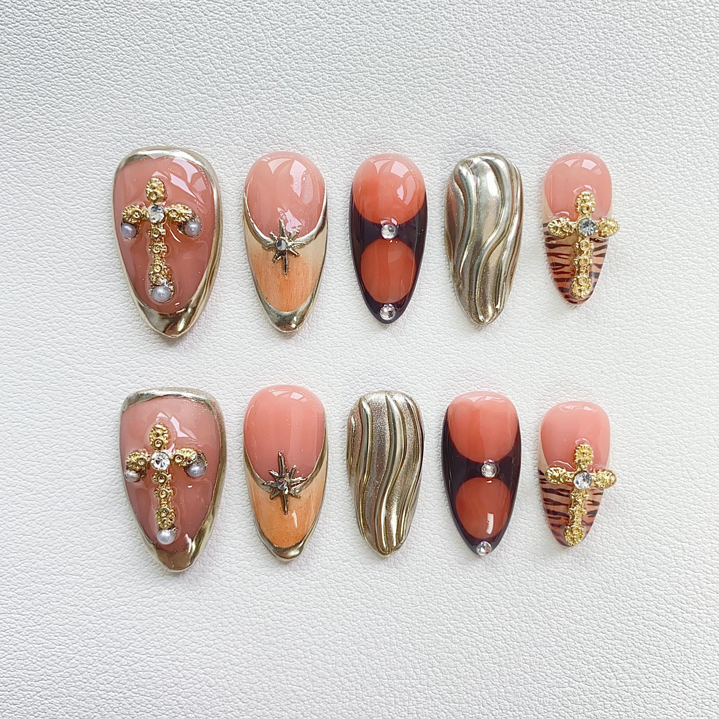 Sun Star Gold Press on Nails Short Almond Nails/cross Nails/3d