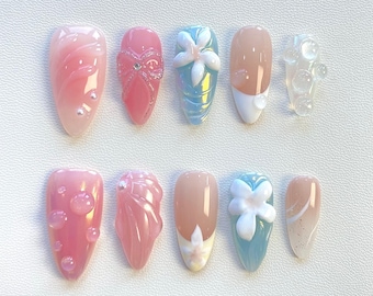 Dreamy Pink Press on nails short almond nails/Summer nails/Holiday nails/Dreamy nails/Pink nails/3D Floral nails/Birthday nails/Flower nails
