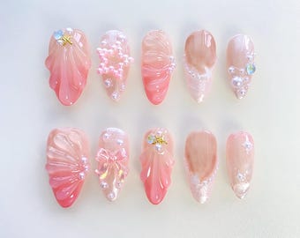 Unghie finte Fairycorn Pink, unghie lunghe a mandorla/unghie a conchiglia/unghie kawaii/unghie carine/unghie a stella/unghie regalo per lei/unghie di compleanno/unghie rosa