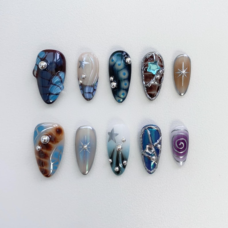 Verträumte grüne Herbst Press On Nails lange Mandel Nägel/Gothic Nägel/3D Chrom Nägel/Metallic Silber Nagel/Sun Star Nägel/Y2k Nägel/Gyaru Nägel A