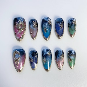 Glitter Aura Blue Press on Nails krótkie migdałowe paznokcie/Galaxy Nails/3D Chrome nails/Sun Star Nails/Metallic gold nail/gyaru nail/cat eye nails
