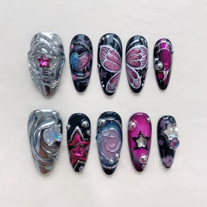 Black&Pink Press on nails/y2k nails/gyaru nails/3D star nails/Butterfly nails/cute nails/kawaii nails/3D Chrome nails/Birthday nails