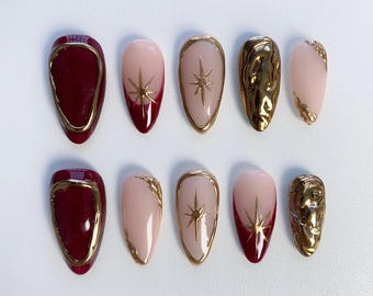 Gold 3D Chrome Nails/French Angora Red Press on nails short almond nails/Fall nails/Birthday Nails/Sun Star Nails/Burgundy nails/Daily Nails