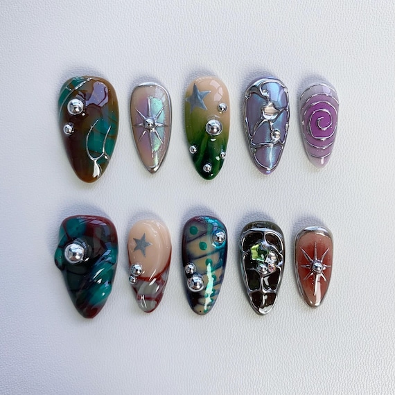 Dreamy Green Fall Press On Nails long almond nails/gothic nails/3D Chrome nails/Metallic silver nail/ Sun Star Nails/Y2k nails/Gyaru nails