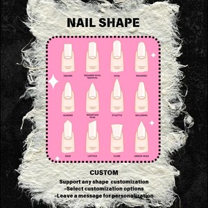 K&ouml;nnte beinhalten: Ein Diagramm, das verschiedene Nagelformen mit Illustrationen jeder Form zeigt. Das Diagramm befindet sich auf einem rosa Hintergrund mit schwarzen R&auml;ndern. Die Nagelformen umfassen Quadrat, abgerundetes Oval, Oval, abgerundet, Mandel, Berggipfel, Stiletto, Ballerina, Kante, Lippenstift, Flare und Pfeilspitze. Der Text "NAIL SHAPE" befindet sich oben auf dem Diagramm. Der Text "CUSTOM" befindet sich unterhalb des Diagramms. Der Text "Support any shape customization -Select customization options -Leave a message for personalization" befindet sich unterhalb des Wortes "CUSTOM".