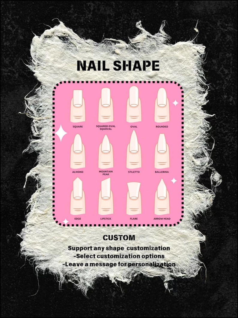 K&ouml;nnte beinhalten: Ein Diagramm, das verschiedene Nagelformen mit Illustrationen jeder Form zeigt. Das Diagramm befindet sich auf einem rosa Hintergrund mit schwarzen R&auml;ndern. Die Nagelformen umfassen Quadrat, abgerundetes Oval, Oval, abgerundet, Mandel, Berggipfel, Stiletto, Ballerina, Kante, Lippenstift, Flare und Pfeilspitze. Der Text "NAIL SHAPE" befindet sich oben auf dem Diagramm. Der Text "CUSTOM" befindet sich unterhalb des Diagramms. Der Text "Support any shape customization -Select customization options -Leave a message for personalization" befindet sich unterhalb des Wortes "CUSTOM".