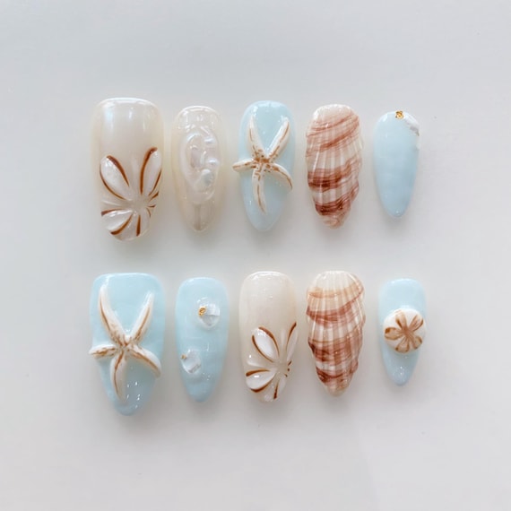 3D Starfish Press on nails short almond nails/Summer nails/Holiday nails/Shell nails/Starfish nails/baby blue nails/Gitf for her nails