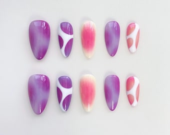 Summer Purple Press On nails long almond nails/Spray Purple nails/Pink Nails/Free style nails/gyaru nails/Summer nail/Birthday Holiday Nails