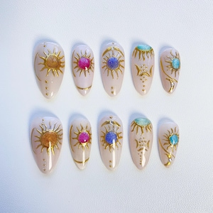 Aura Sun star gold press on nails long almond nails/Sun Nails/3D Chrome nails/Elegant nails/birthday nails/fall nails/wedding nails