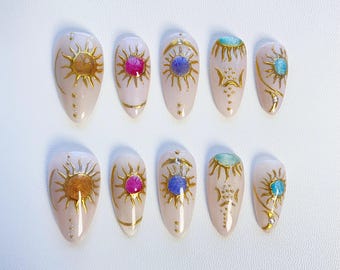 Aura Sun star gold press on nails long almond nails/Sun Nails/3D Chrome nails/Elegant nails/birthday nails/fall nails/wedding nails