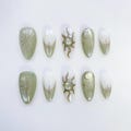 Aura Green Cat Eye Press On Nails Short Almond Nails/Sun Star Nails/3D Chrome Nails/Aura Nails/Gold Nails/Summer Nails/Cat eye nails