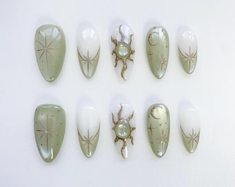 Aura Green Cat Eye Press On Nails Short Almond Nails/Sun Star Nails/3D Chrome Nails/Aura Nails/Gold Nails/Summer Nails/Cat eye nails