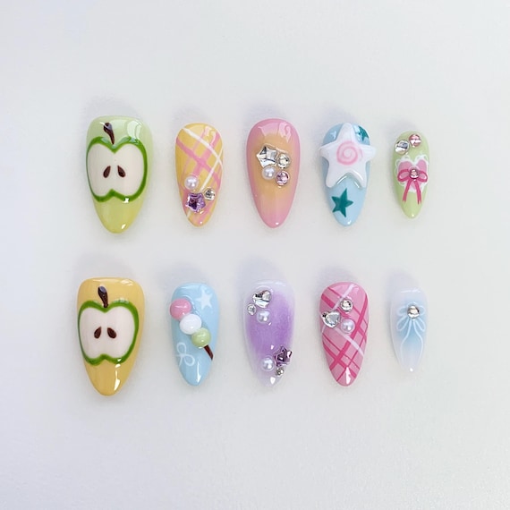 Summer Cute Apple Press On Nails Short Almond Nails/Apple Nails/Cute Nail/Green Nails/Summer Nails/Holiday Nails/Spring Nails/Birthday Nails