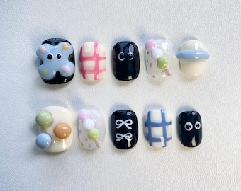 Kawaii Cute Press On Nails Short nails/Bow Nails/Y2K Nails/Birthday Nails/Kawaii nails/Cute nails/Black and blue nails/kids nails