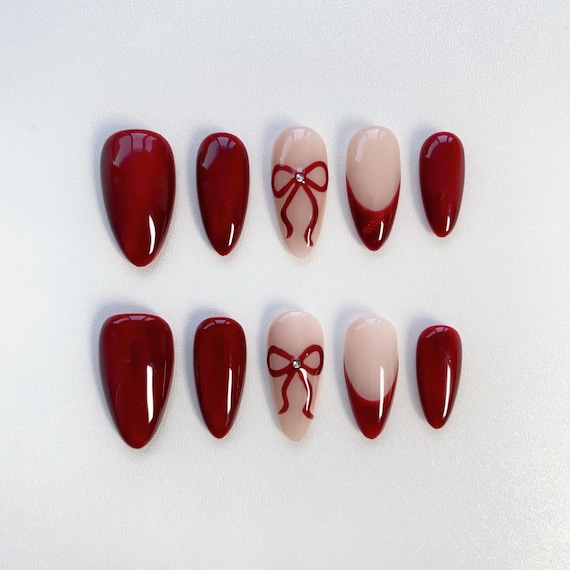 burgundy prom dress nails Red Cat Eye Nails/French Red Press On Short Almond Nails/Bow nails/Glitter Nails/Red Aura Nails/Burgundy nails/Holiday Birthday Nails mother or sisters and Color:Vintage Indigo black tea length formal ARCHETYPE