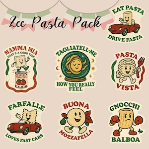 Pasta Lover Sticker Pack – Funny Italian Food Vinyl Stickers, Rigatoni, Spaghetti & Sauce Decals, Waterproof Gifts for Foodies