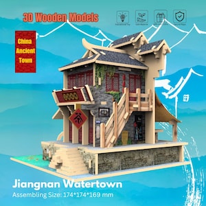 DIY 3D Wooden Chinese Watertown Model Kit – Jiangnan Ancient House Puzzle – Laser Cut Architecture Craft Gift for Adults & Teens