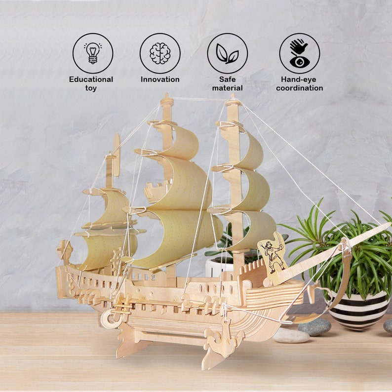 thumbnail image 2 of Menolana 3D Wooden Sailboat Puzzle - DIY Ship Model Building Kit 1/130 Scale 2 of 13