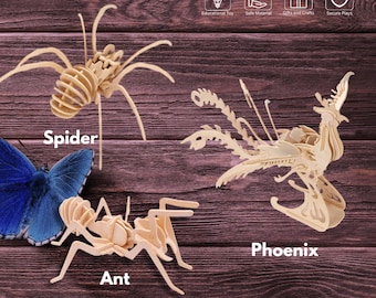 3D Wooden Puzzle Models - Spider, Ant, Phoenix | DIY Wood Craft Kit for Kids & Adults | Educational Toy | Eco-Friendly Gift
