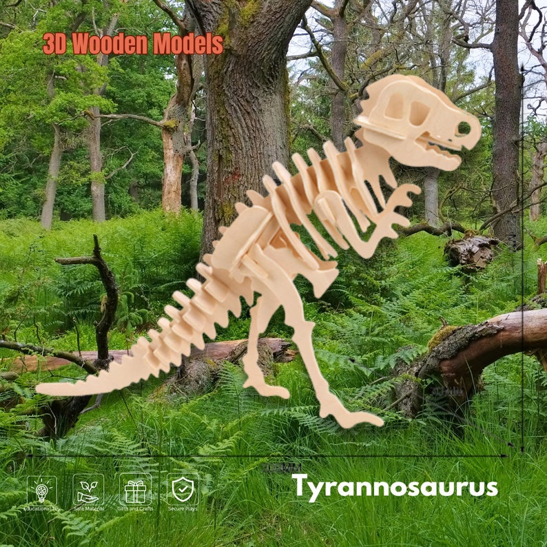 3D Wooden Dinosaur Puzzle Kit - T-rex, Velociraptor, Anchiceratops ...