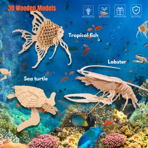 May include: A set of three 3D wooden models of sea creatures: a tropical fish, a lobster, and a sea turtle. The models are made of natural wood and are unpainted. They are displayed against a blue background with coral and fish.